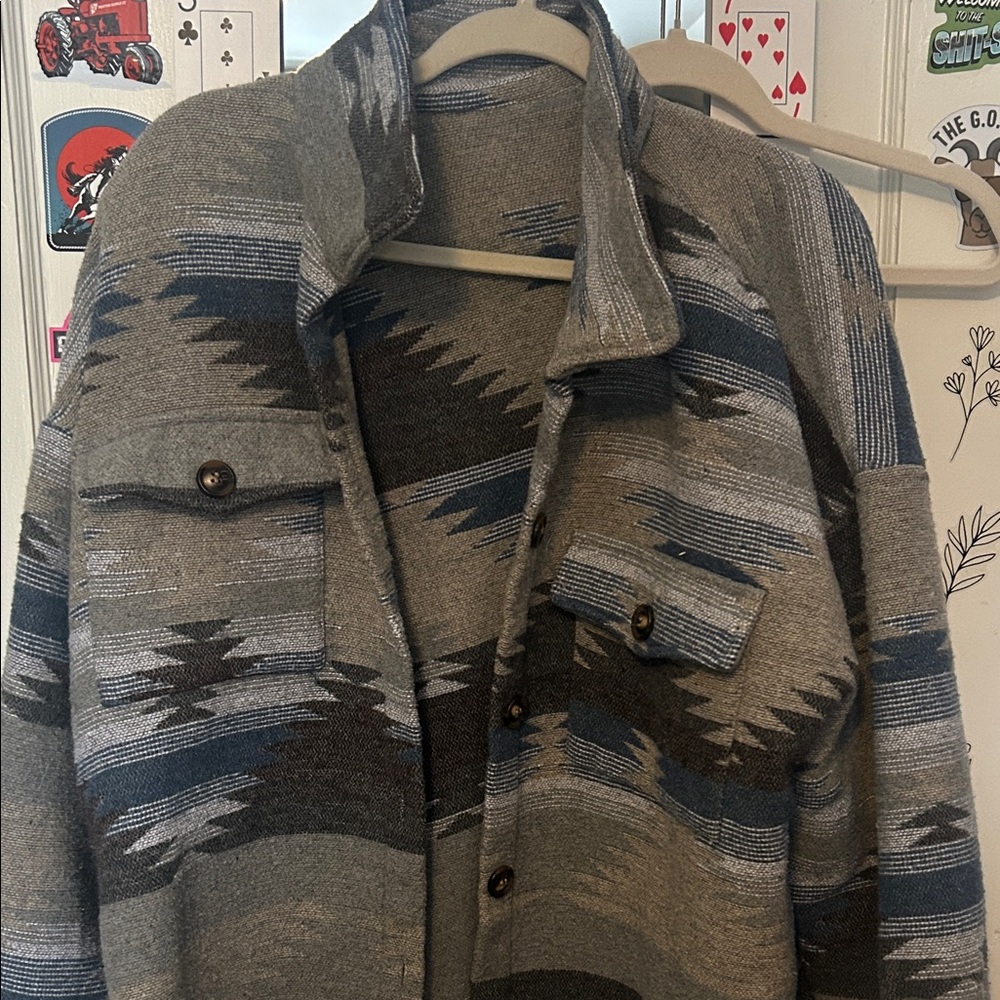 SHEIN Women's Patterned Jean Jacket - Gray and Blue